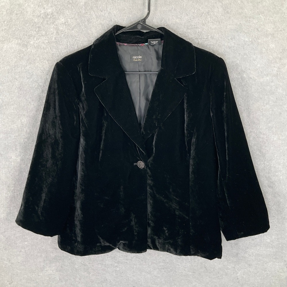 Nicole Miller Black Velvet Crop Blazer Jacket‎ Women's Size 14 Elegant Career